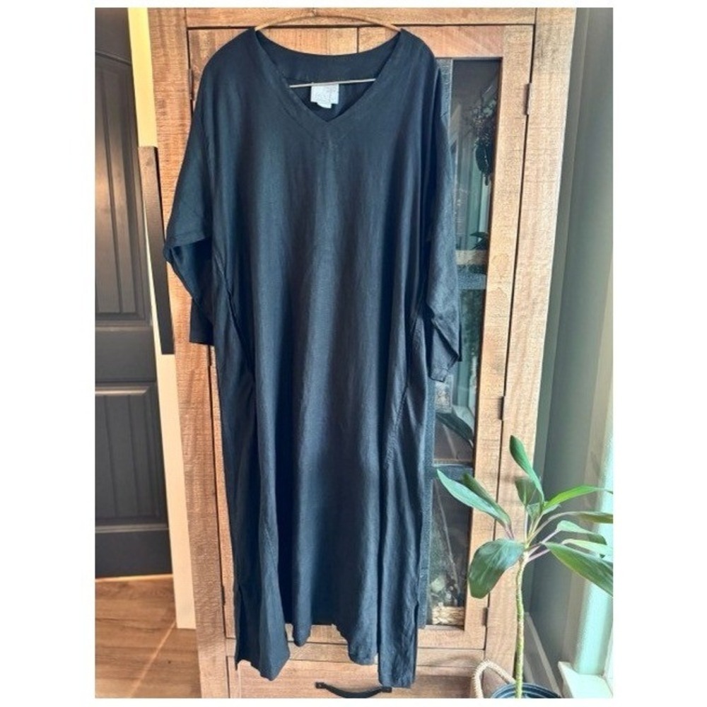 La Fixsun Black Linen Maxi Dress V-Neck Long Sleeve Pocket Kaftan L USA